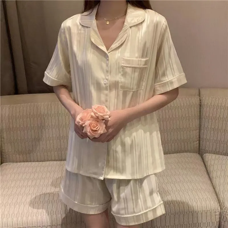 Women's Satin Contrast Binding Lounge Comfortable Sleepwear Set Short Sleeve Lapel Tops & Elastic Waistband Shorts Pijamas