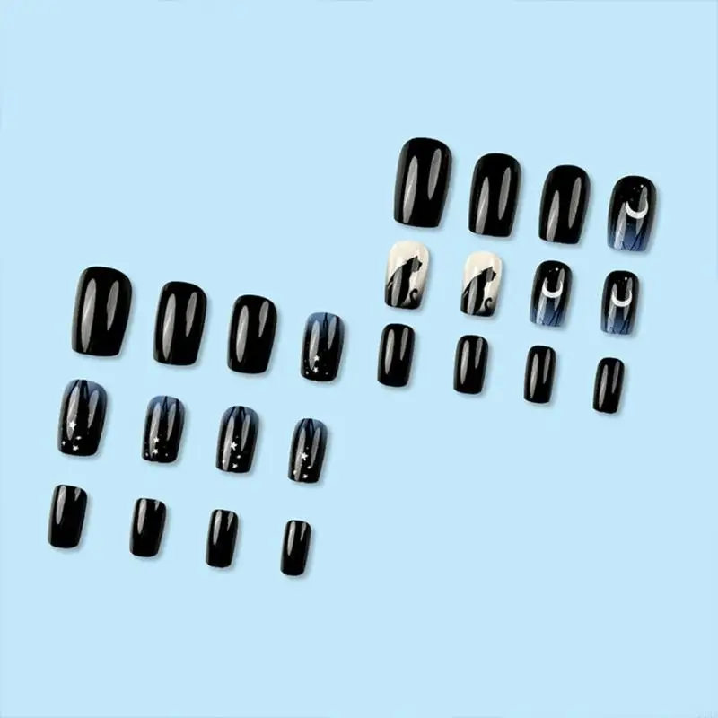 24 PCs schwarze Katzen kleben auf Nagelverlauf künstlicher Nagelmond und Sterne falsche Nagelglanzpresse auf Nagel für Frau T4MB