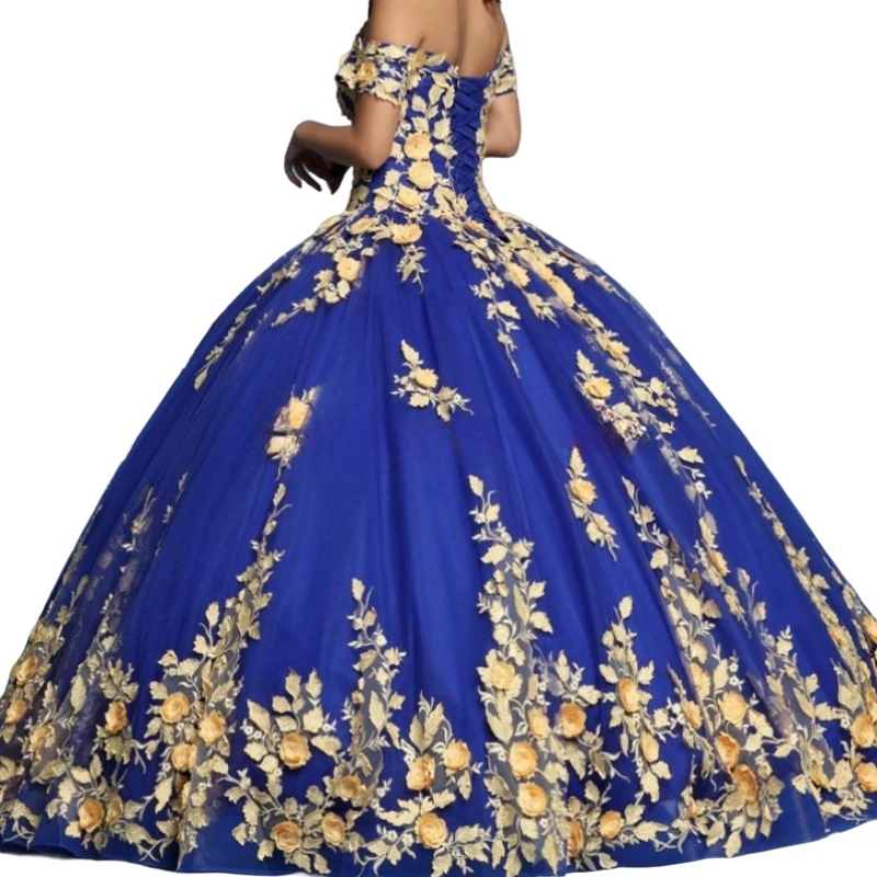 AQ135 Customized Royal Blue Quinceanera Dress Off Shoulder Floral Applique Floor Length Special Occasion 15 16 Party Prom Dress