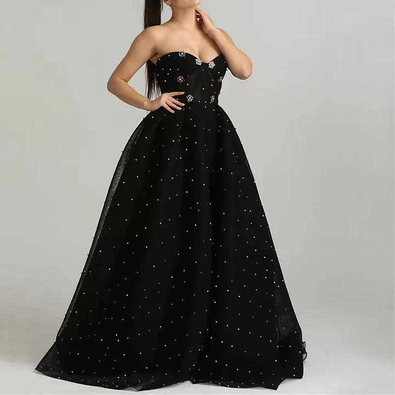 

Black Beads Prom Dresses for Women Appliques Sweetheart Floor-Length A-Line 2023 Evening Party Special Events Wedding Gala Maxi