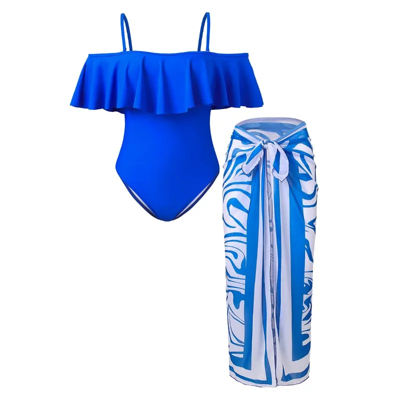 

2025 New European American Women's Two-Piece - Ruffled Off-the-Shoulder Modest Tummy-Control Swimsuit-Beach Skirt for Hot Spring