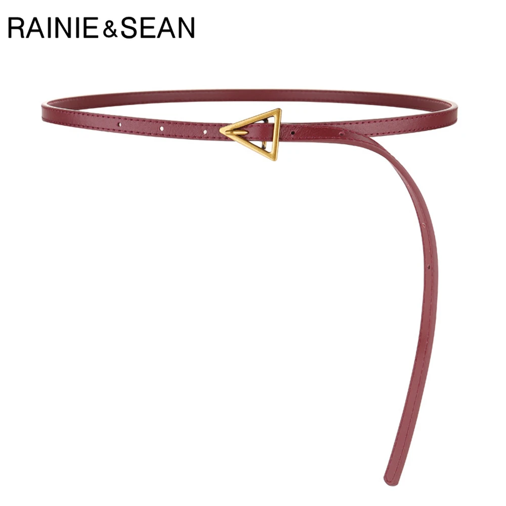 

RAINIE SEAN Burgundy Genuine Leather Belts for Women High Quality Cowskin Thin Waist Belt Triangle Buckle Ladies Dress Belt