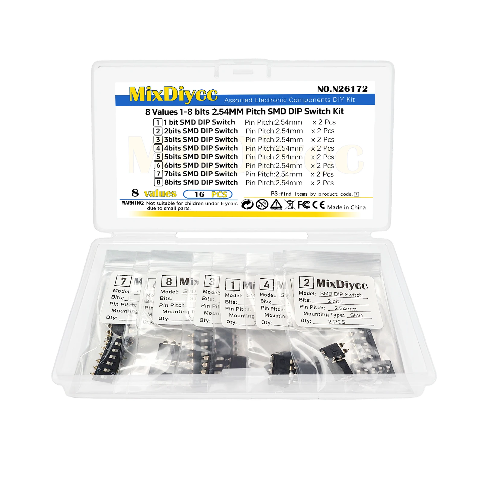 8 Values 2.54mm Pitch SMD DIP Switch Kit 1P/2P/3P/4P/5P/6P/7P/8P bit/bits Total 16Pcs