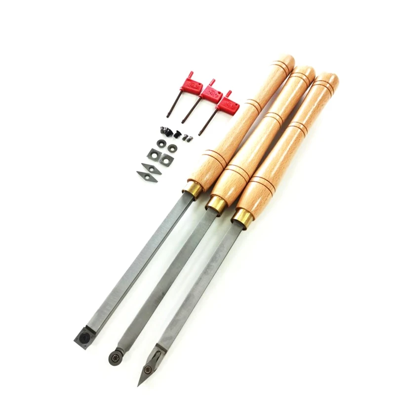 3 Pcs Carbide Tipped Wood Turning Kits Woodturning Lathe Accessories Beech Handle Silver&Wood Color Beech + Hard Alloy