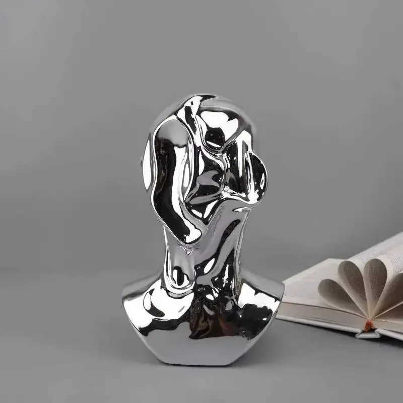 Silver Pleated Human Head Abstract Figure Sculpture Resin Figurine Abstract Face Portrait Decorative Figurines Home Decoration