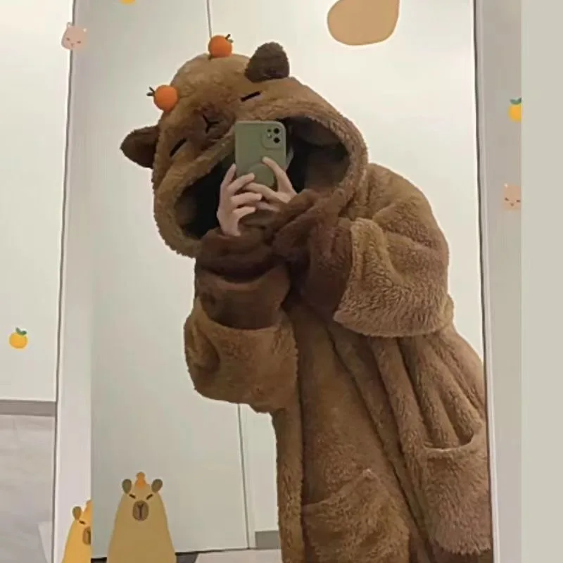 Women Robes Capybara Sleepwear Kawaii Animal Onesies for Adult Flannel Winter Warmable Pajams Girls Party Holiday  Homewear