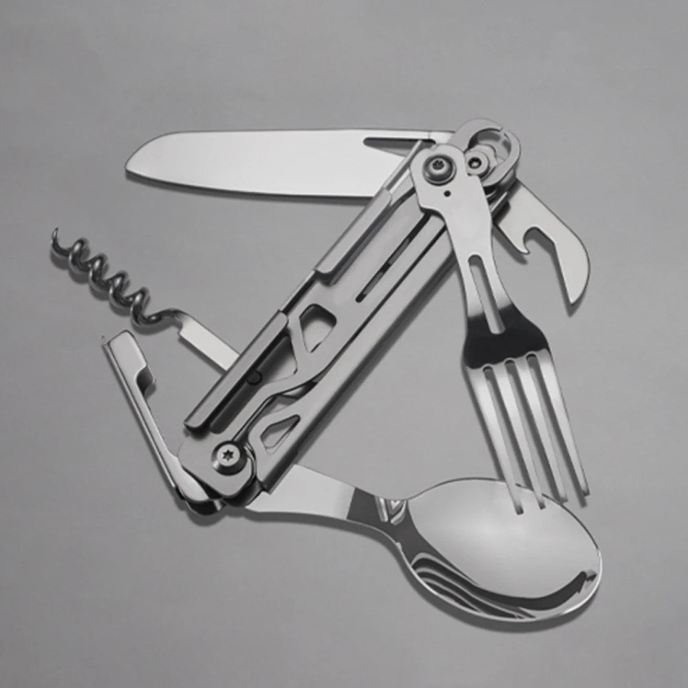 Stainless Steel Pocket Knife Multi-tool Portable Fork Spoon Outdoor Survival Camping Folding Knife Detachable Hand Tools