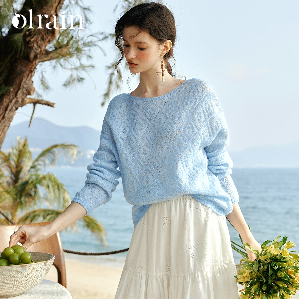 OLrain Women Light Blue Knit Sweater Pullover 2026 New Spring Wide Boat Neck Long Sleeve Loose Elegant Casual Tops O58CZ003192