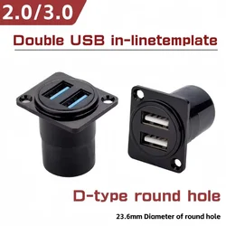 1PCS D Type Metal Double-Row USB Socket Female To Female USB 2.0 3.0 Connector Panel Mounting Black