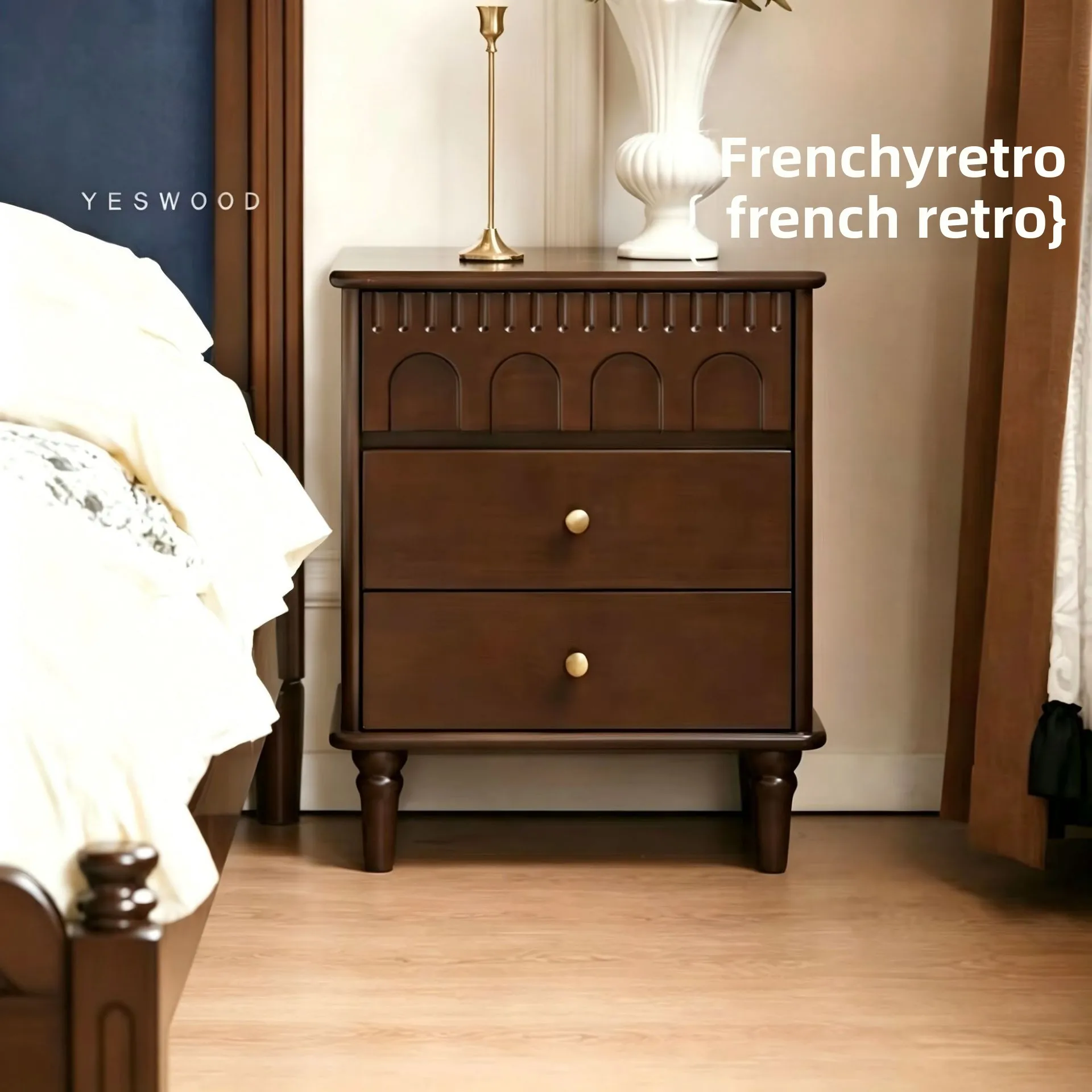 American Retro Carved Bed Edge Cabinet, Three-dimensional Arch Relief,home Bedroom, Light Luxury, High-end Feeling Bedside Table