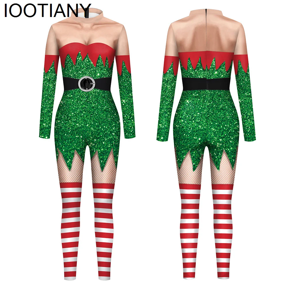 IOOTIANY Christmas Stripe 3D Print tuta da donna Carnival XMAS Party Costume Cosplay body adulti tutina natalizia abiti