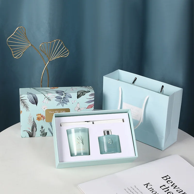 Blue Tengzhi Non-flame Scented Candle Gift Box Set, Festival Birthday Gift Souvenir, Bamboo Coffee Sage Fresh Elegant Scented
