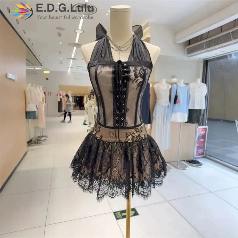 

EDGLuLu 2026 New Sexy Halter Mesh Lace Up Ribbon Backless Top+High Waisted Mini Skirt Lace Two-Piece Set Suit 0521