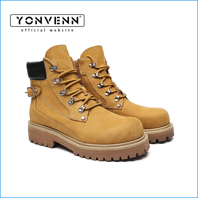 

New top layer cowhide short leather boots men's thick soled high top workwear hiking shoes big yellow boots trendy
