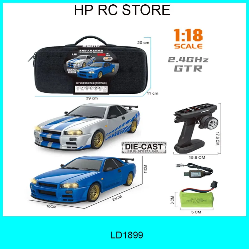 

LDRC 1899 1/18 RC Drift Car LD1899 GTR Mode R34 2.4GHz RWD with Gyroscope on-Road Alloy Body Shell Racing Car for Boys Gifts