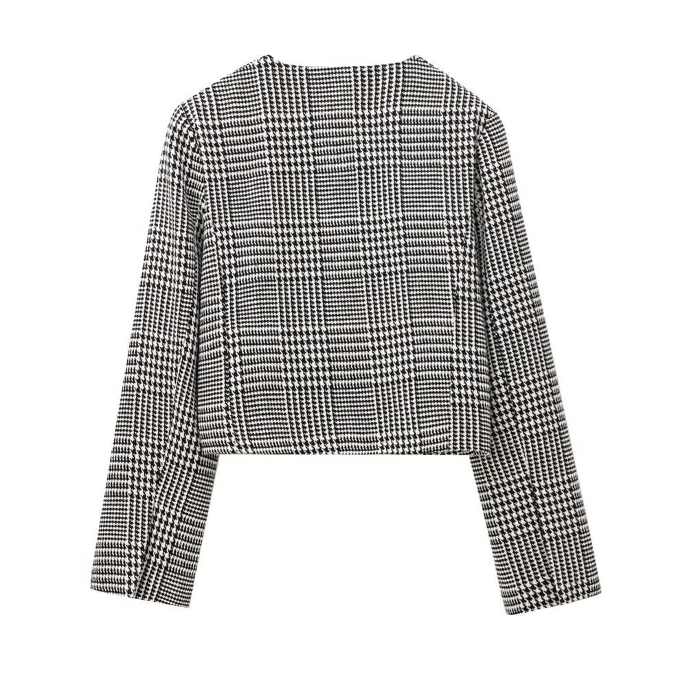 Taop&Za2024 women's autumn and winter new houndstooth short casual suit jacket long sleeve round neck