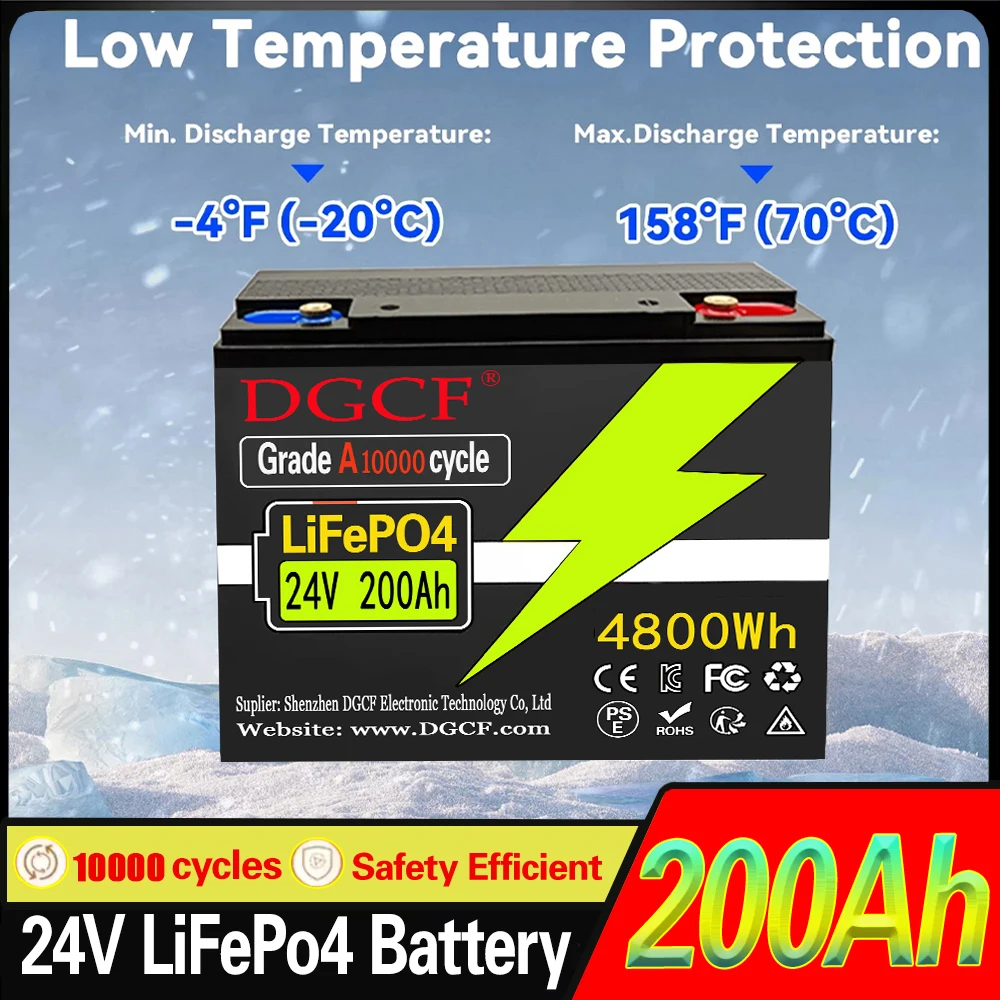 

For RV/Camper, Solar, Marine, Overland/Van，24V 100Ah-500Ah LiFePO4 Lithium Battery, Built-in 200A BMS, Rechargeable Battery