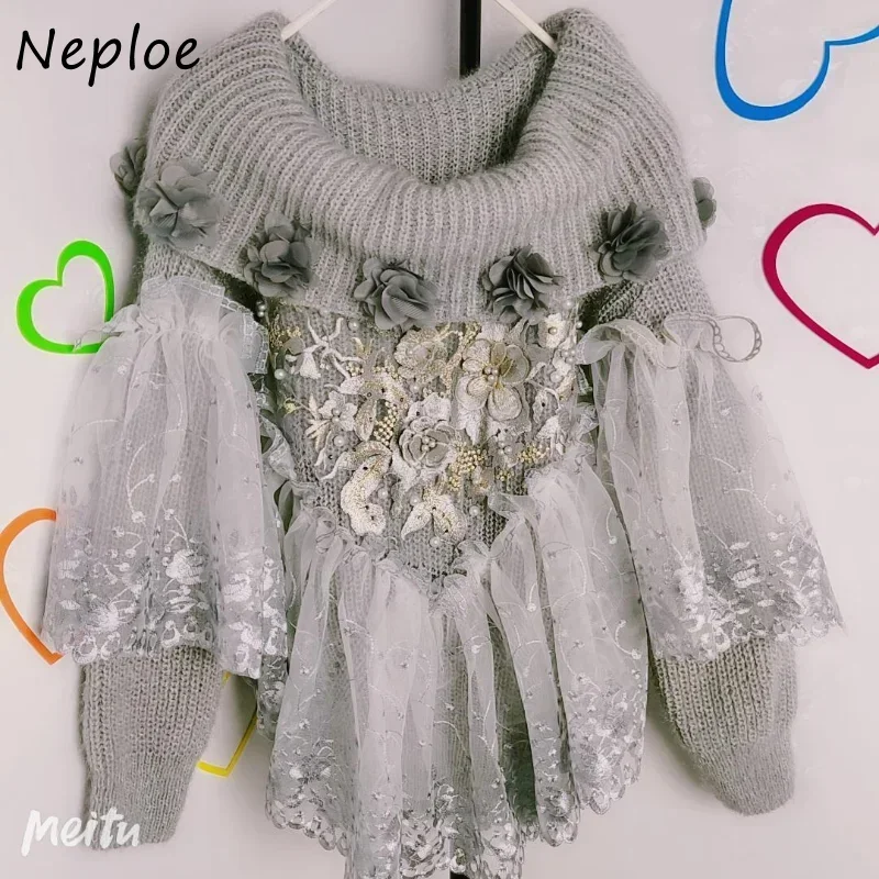 Neploe Vintage Jersey Mujer Pull Femme Slash Neck Beading Mesh Patchwork Flower Sweater Y2k  Solid Color Long Sleeve Jumpers