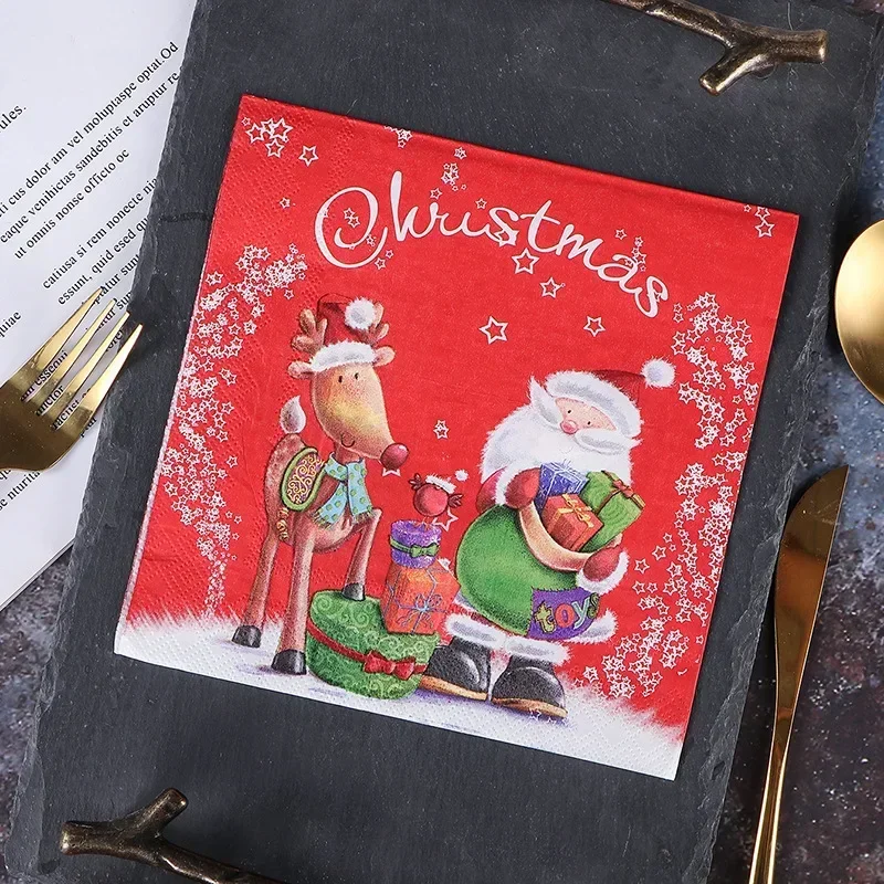 10/20pcs 33*33cm 2-Ply Santa Claus and His Deer Printed Napkins Restaurant Bakery Party Placemats Paper Spot Wholesale