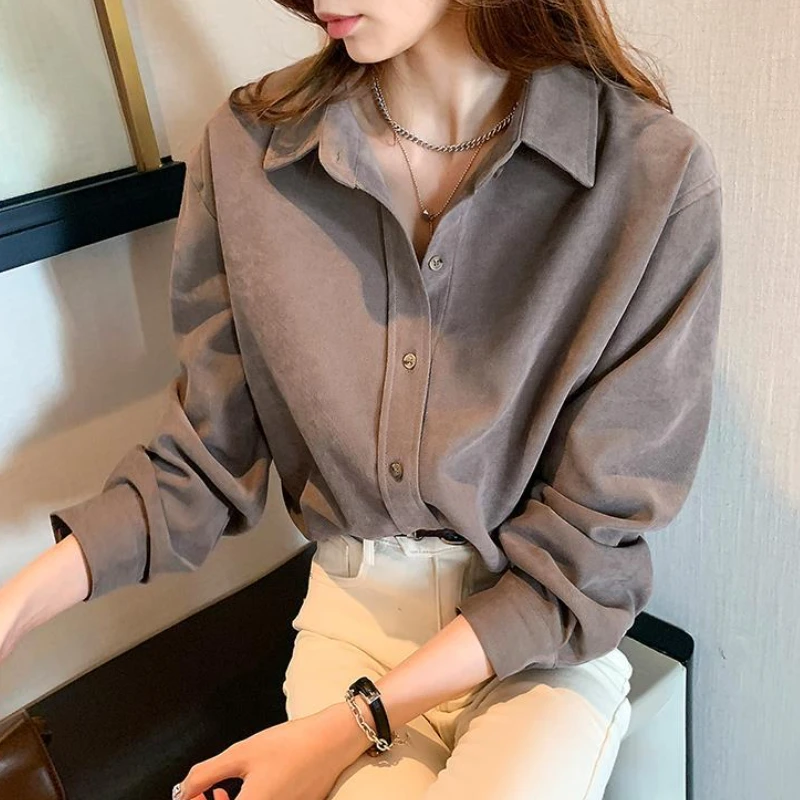 Long Sleeve Shirts Women Y2k Tops 4-Colors Loose Korean Fashion Office Lady Corduroy Harajuku Temper Vintage Chemise Femme Ins