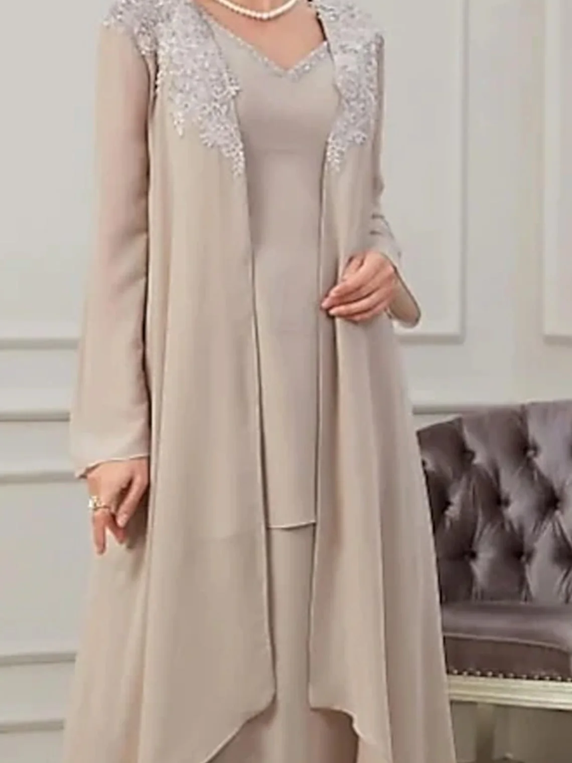 Elegante vestido de casamento de chiffon de duas peças com decote em v até o chão mangas compridas apliques mãe da noiva vestido 2025 frete grátis personalizado