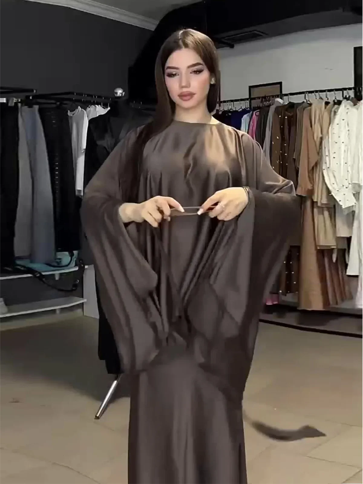 Batwing Butterfly Sleeve Satin Dress for Women Khimar Abaya Dubai Muslim Dress Womne Kaftan Lace-up Abayas Caftan Femme Vestidos