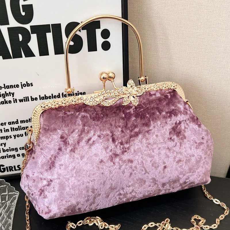 Luxury Female Velvet Messenger Bags Vintage Women Rhombic Lattice Evening Clutch Wedding Party Bride Flock Purse And Handbags