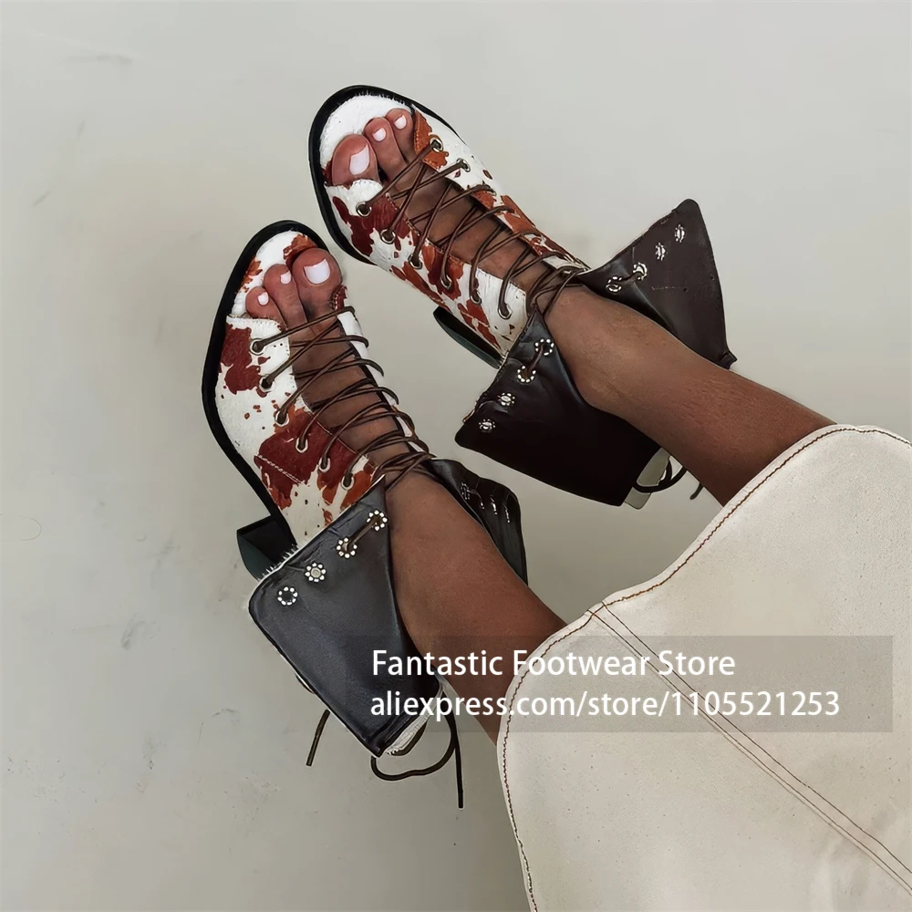 Kuhfell-Optik Ponyhaar Stiefeletten Kunstfell Peep Toe Schnürstiefeletten Blockabsatz Handgefertigte Sommer-Sandalenstiefel Damen Handgemachtes Schuhwerk