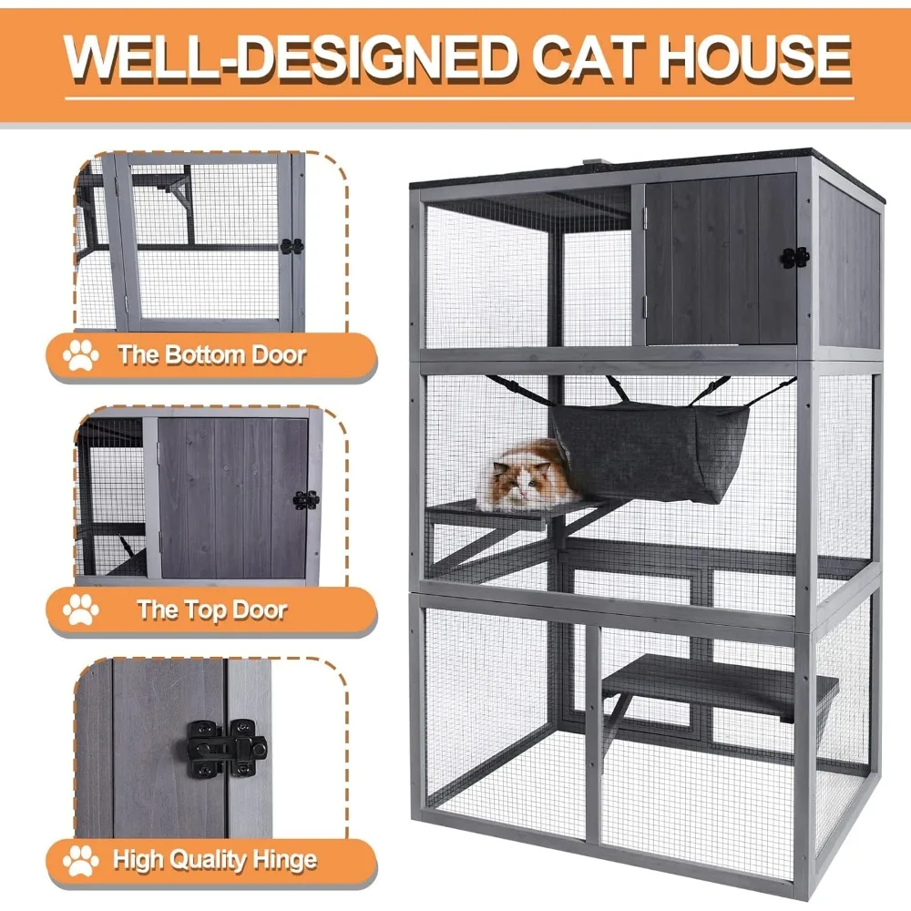 Casa de madera para gatos, recinto para gatos de 3 pisos para exteriores, parque infantil grande para gatos con hamaca y caja de descanso, jaula para gatos impermeable