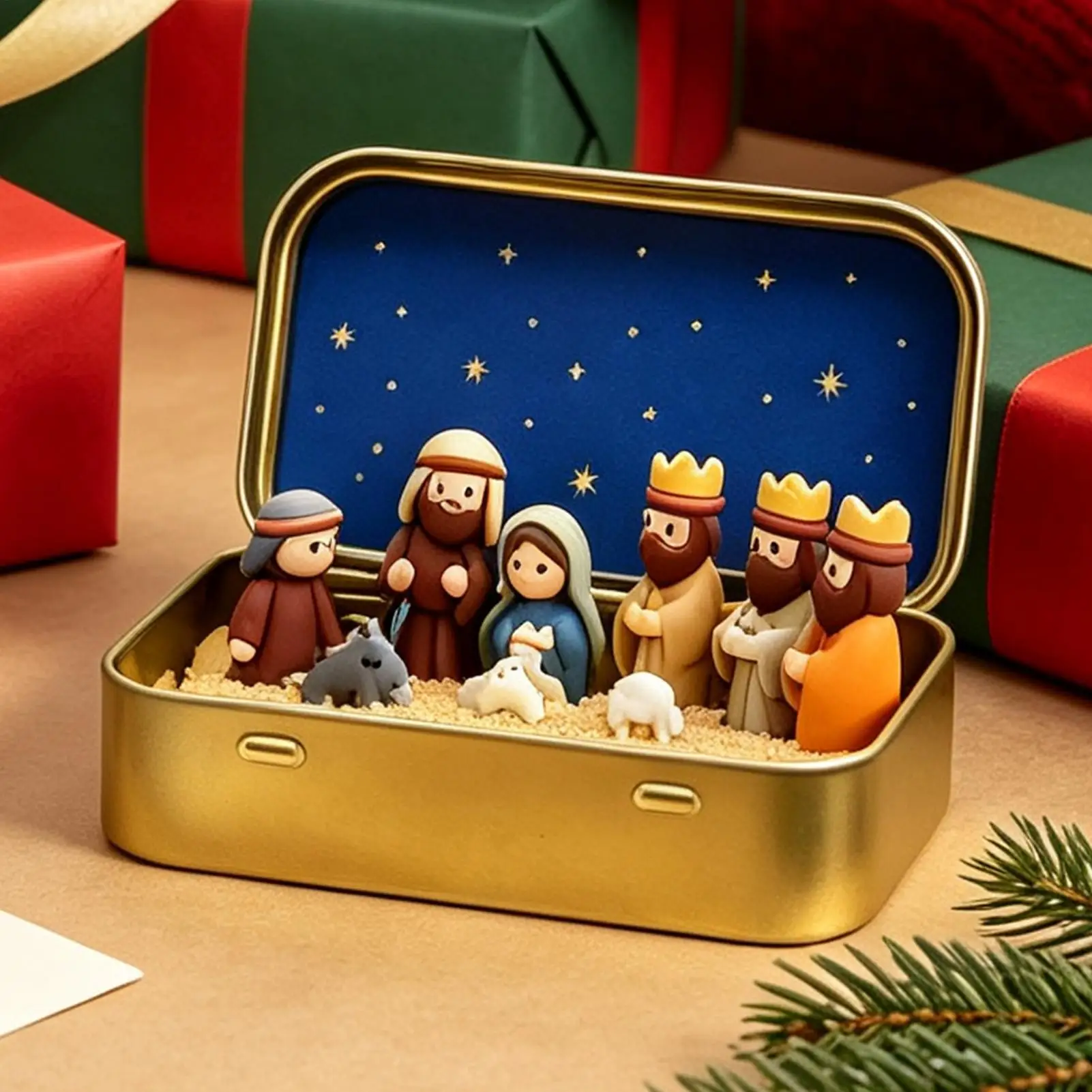 Miniature Nativity Set Pocket Size Christmas Figures in a Tin Box Small Kids Toys Shelf Decor for Desktop Bookshelf Entryway