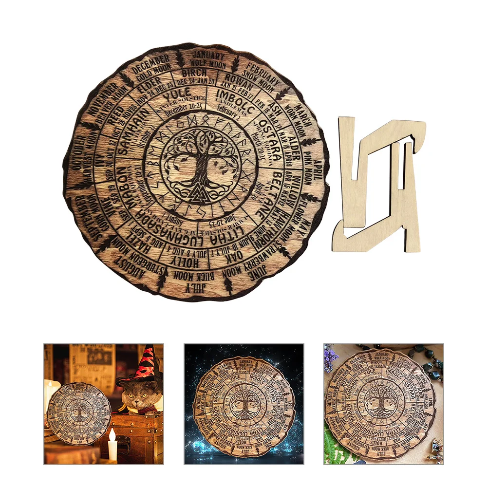 Wooden Calendar Wheel of The Year Sign Vintage Decor Manual Boxwood Decorative Witch Handmade Office Digital