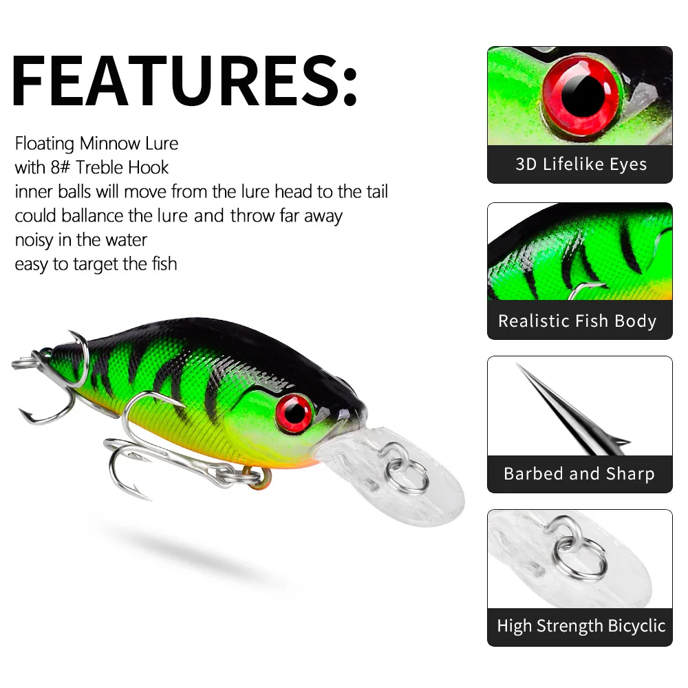 

Набор из 10 плавающих рыболовных приманок типа минноу с 8 элементами для наживки # Тройные крючки для твердых приманок на басса, щуку, форель