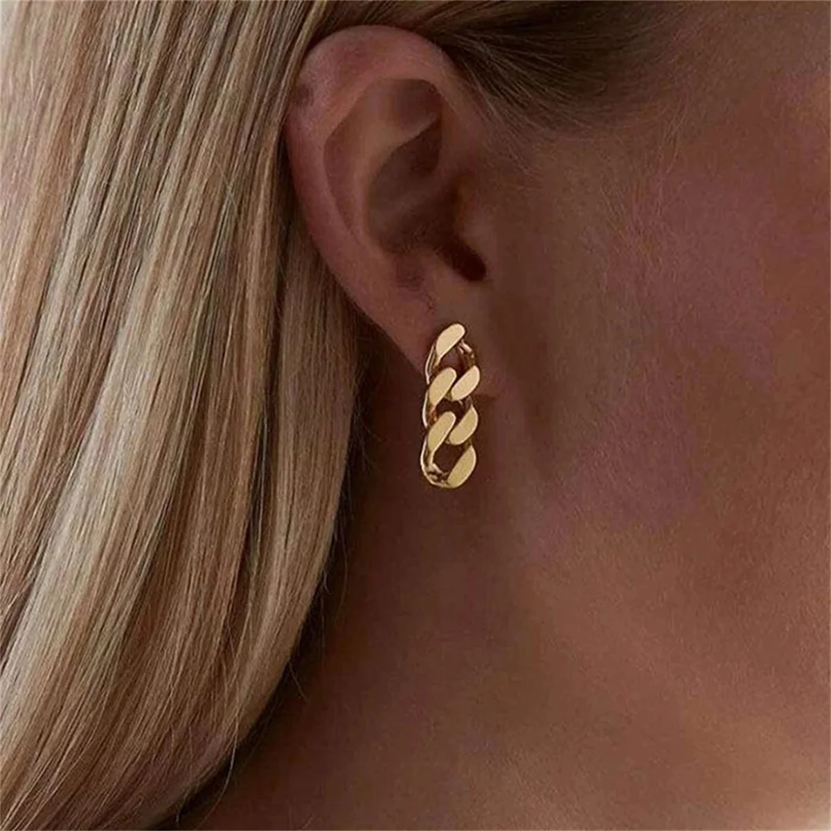 Punk Cuban Link Chain Stud Earrings for Fashion Women Genuine Gold Plated Ring Clasp Dangle Rock Jewelry Gift