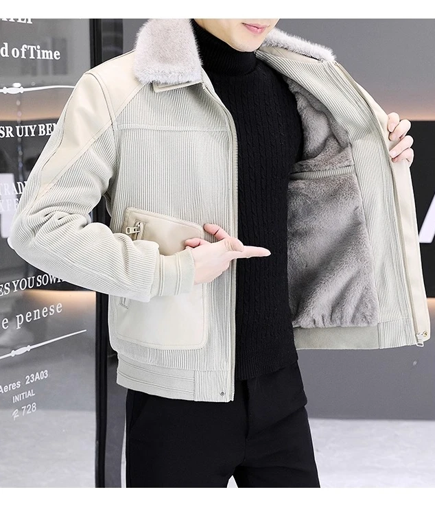 2025 Autumn Winter New Hot Sale Retro Fur Collar Corduroy Thickened Coffee Color Apricot Color Black Cotton Jacket