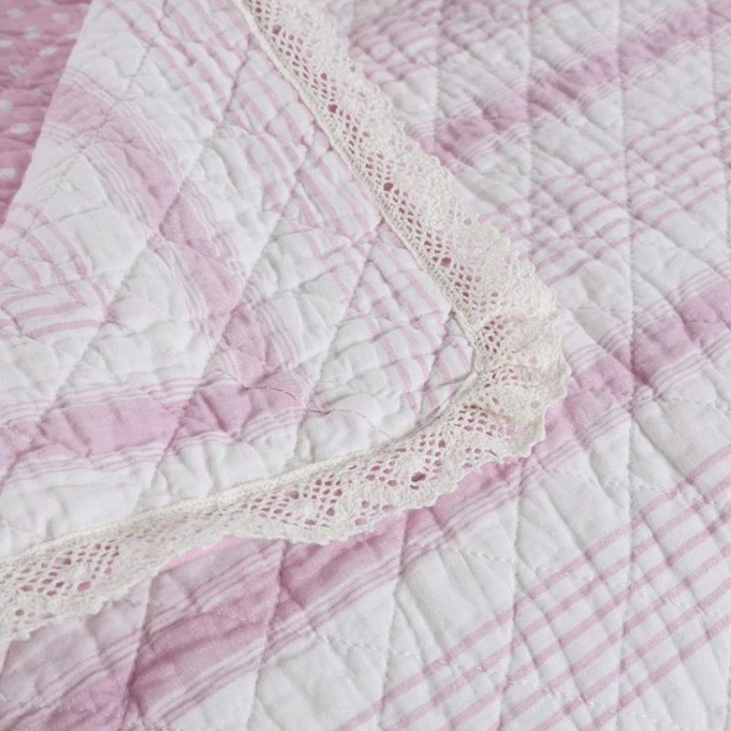 Girl's 3PCS Cotton Quilt Set Lightweight Lace Trim Polka Dot Comforter Bedspread Coverlet Quilted Blanket for Kids