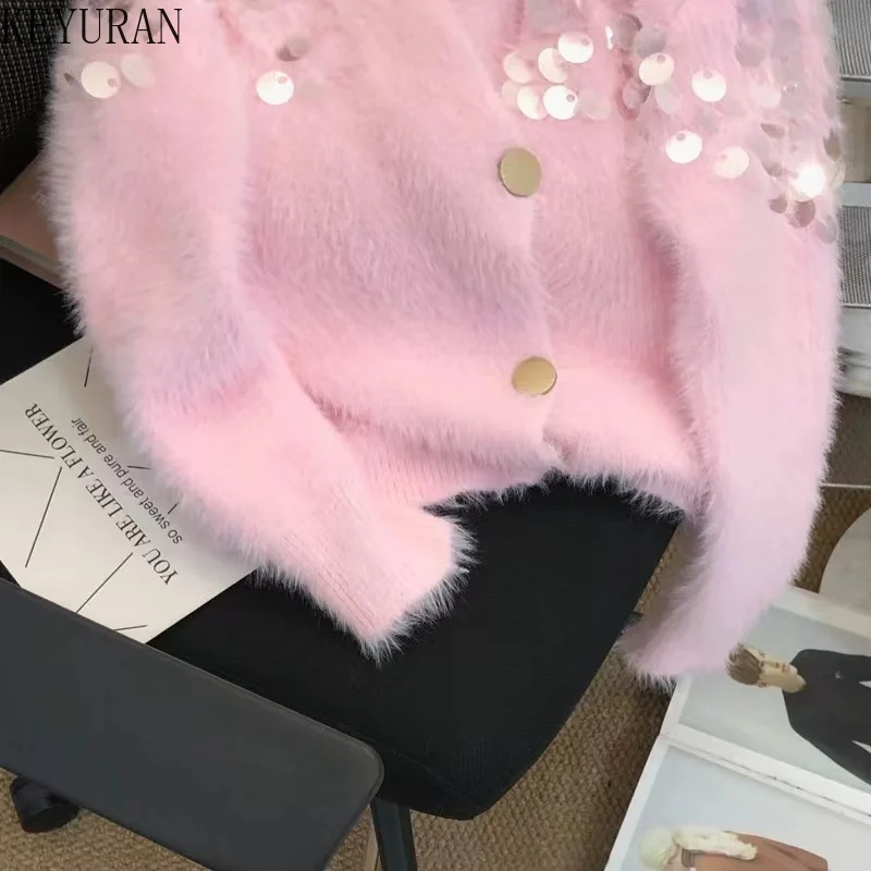 Korean Sequins Mohair Cropped knitted Cardigan Women Autumn Winter V-neck Long Sleeve Single-breasted Pink Mink Fur Sweater Coat