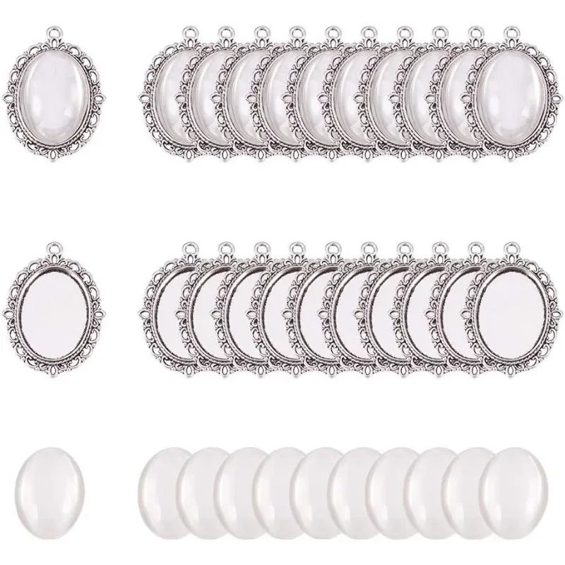 60pcs Bezel Pendant Blanks Settings - 30pcs Oval Pendant Trays Photo Charms with 30pcs Glass Cabochons for Bouquet Bridal