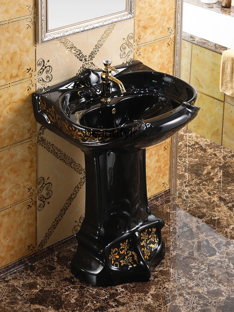 

European-Style Classical Bathroom Pedestal Basin Personalized Colored Gold Pedestal Basin Black Washbasin