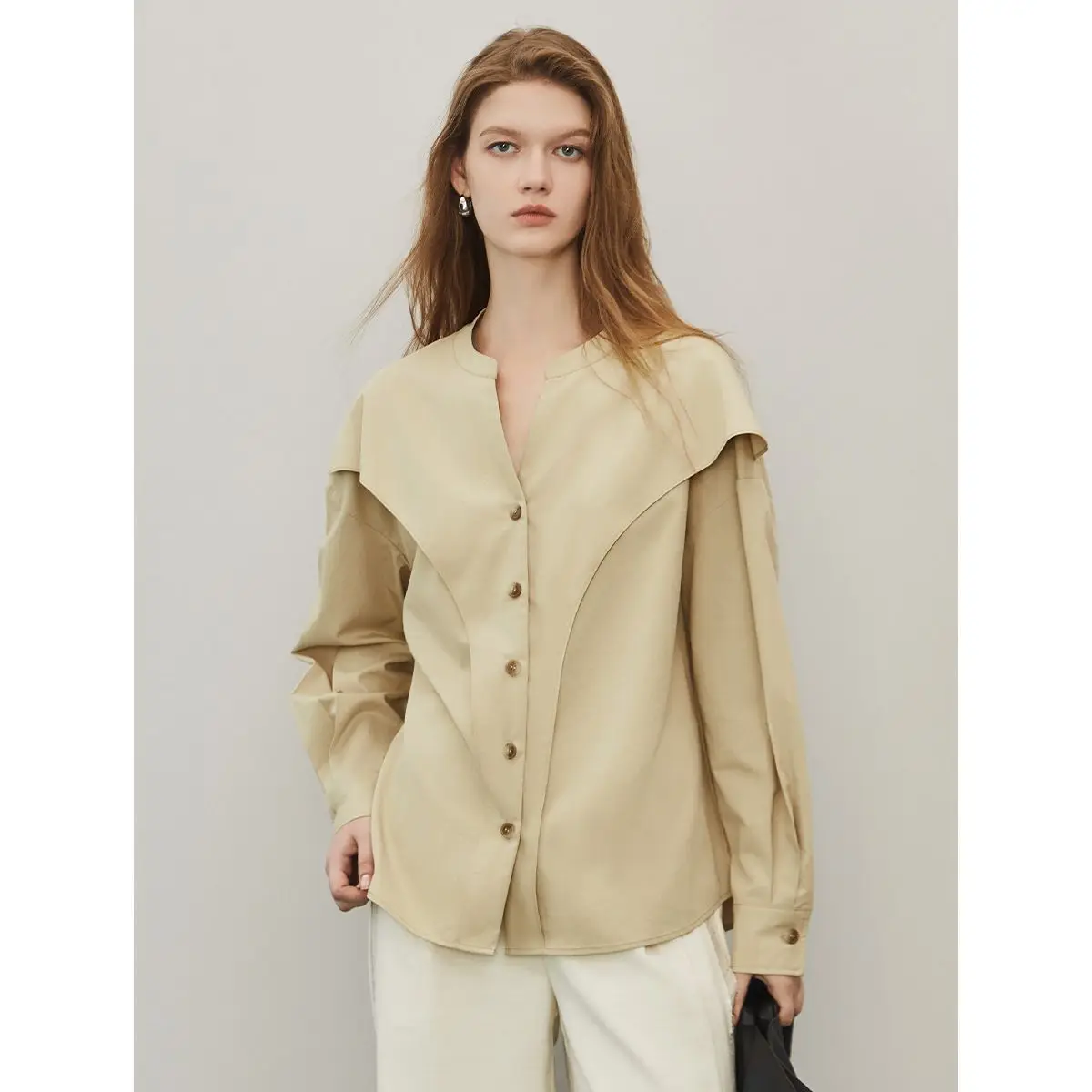 Pure Cotton French Simplicity Light Cooked Shirt Women 2024 Spring New Patchwork Single-breasted Long Sleeves Round Neck Tops