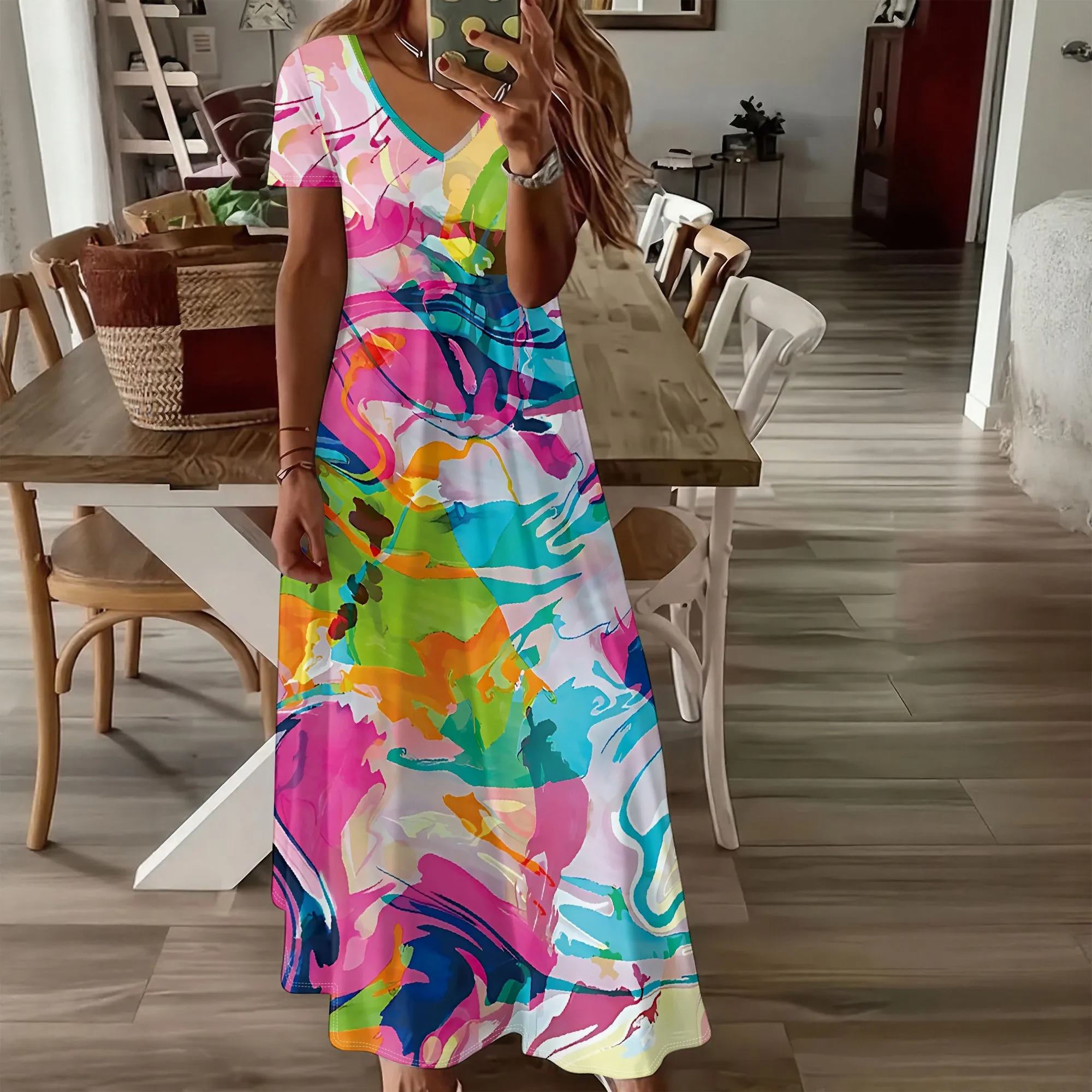 

Summer Women's Short Sleeved V-neck Long Dress, 3D Fashionable Printed Pattern dress, Casual Vacation Style.