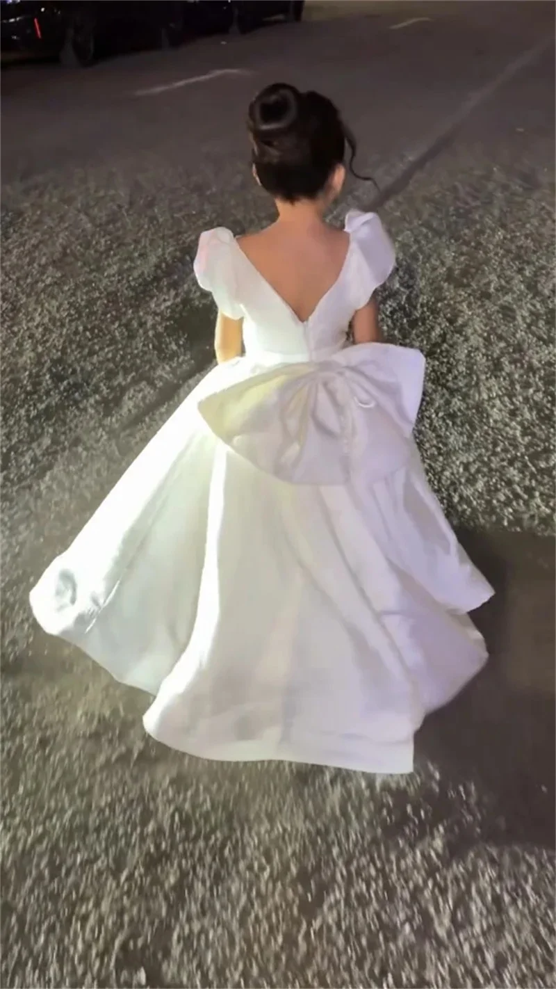Custom light luxury dress women wedding guest gown girls wedding gown birthday party pageant puff sleeve satin long trailing