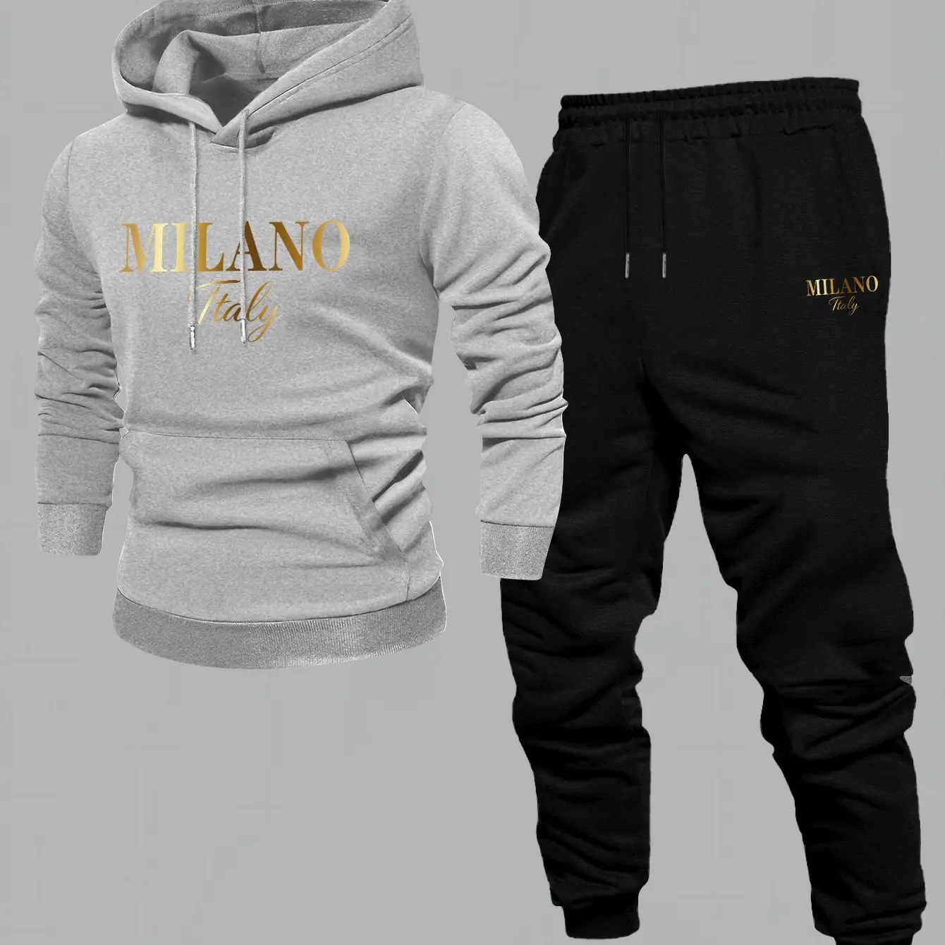 Lined Autumn/Winter New Men's Printed Hoodie Casual 2pcs, Long Sleeve Hooded Sweatshirt and Drawstring Casual Pants For Couples - view 2