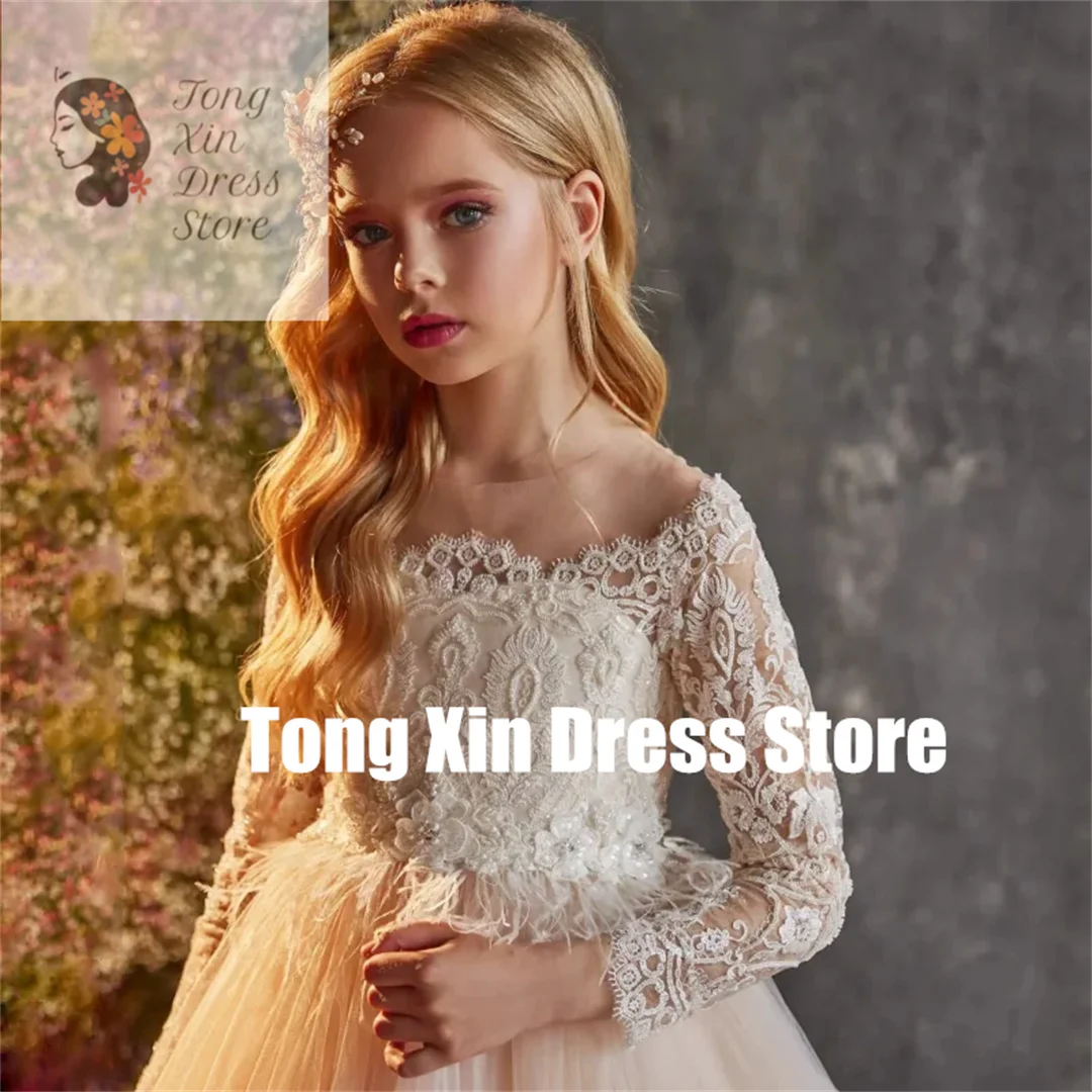 Customized Long Sleeve White Pattern Appliques Flower Girl Dresses Champagne For Wedding Birthday Party Banquet Princess Gowns