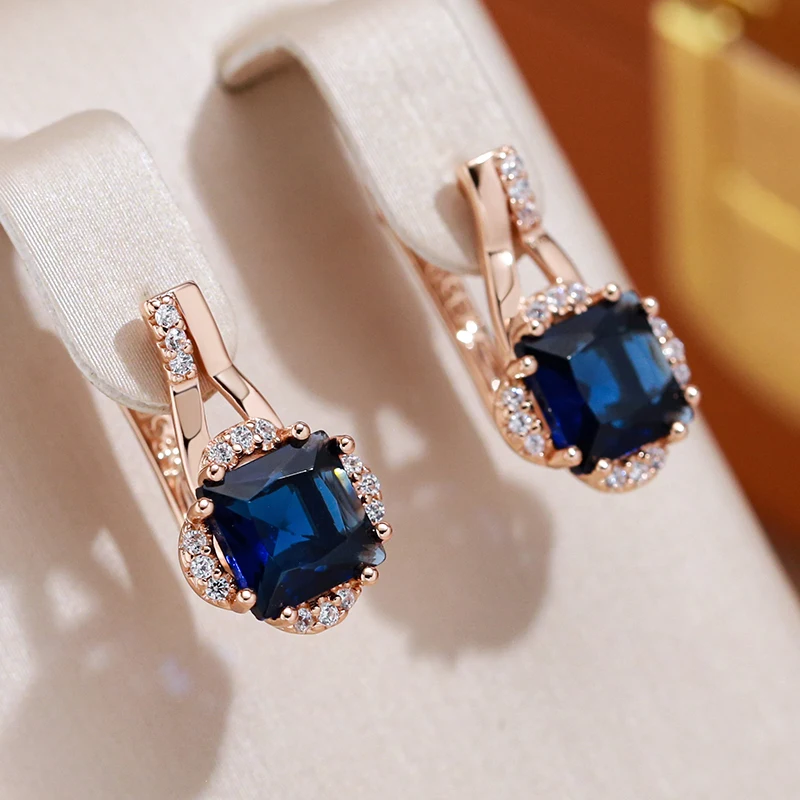 JULYDREAM Crystal Flower Geometric Blue Zircon Women Earrings Wedding Vintage Jewelry 585 Plated Gold Color Luxury Accessories