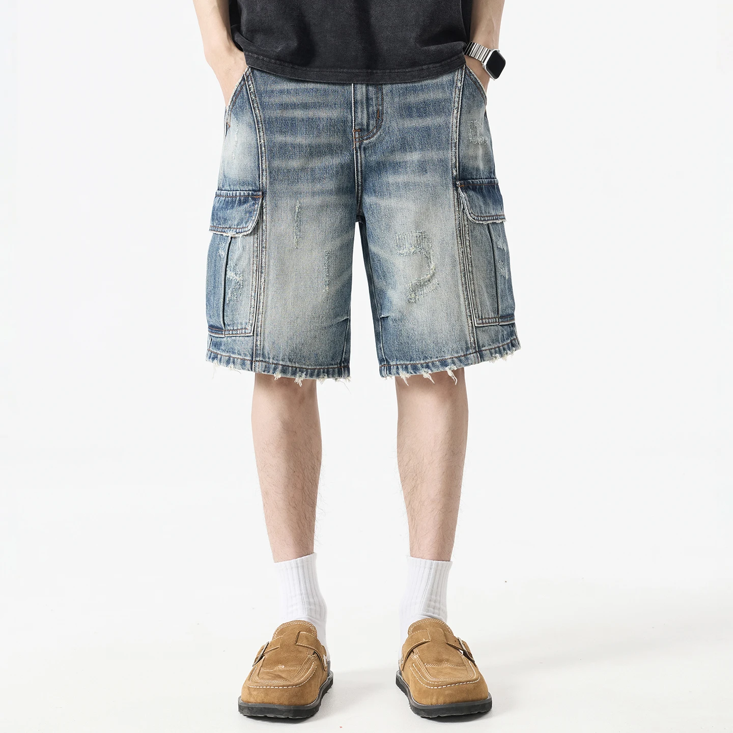 

Men Multi-pocket Loose Casual Ripped Denim Shorts Cityboy Summer Streetwear Fashion Plus Size Medium Length Jeans Shorts Pants