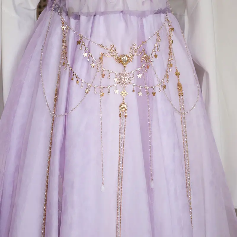 ‌ 수제 한복 허리 체인 - 긴 진주 프린지 펜던트 당나라 스타일 중국 의상 액세서리 여성용 허리 장식