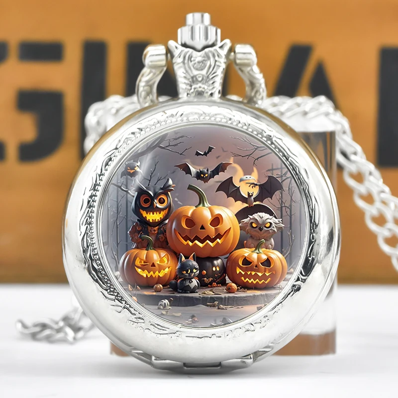 Креативное винтажное компактное кварцевое ожерелье среднего размера, карманные часы, круглый циферблат из сплава, забавные наклейки на Хэллоуин, дешевый подарок для детей