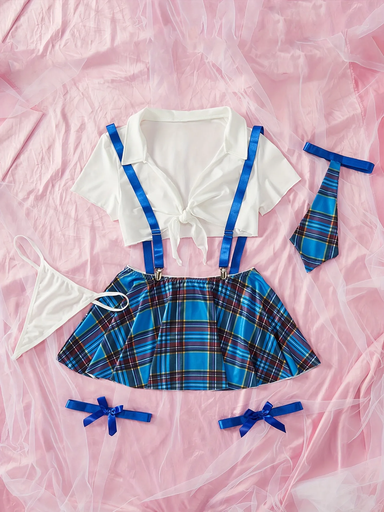 Sexy Schoolgirl Lingerie Set 5Pcs Plaid Crop Top Shirt Mini Pleated Skirt Suspenders Tie Thong Cosplay Uniform Costume for Women