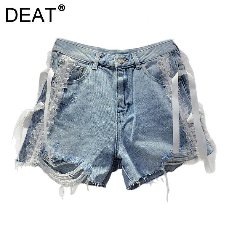 DEAT Women's Shorts High Waist Broken Holes Lace Edge Bow Wide Leg A-line Denim Short Pants 2024 New Fashion Winter 29L9101