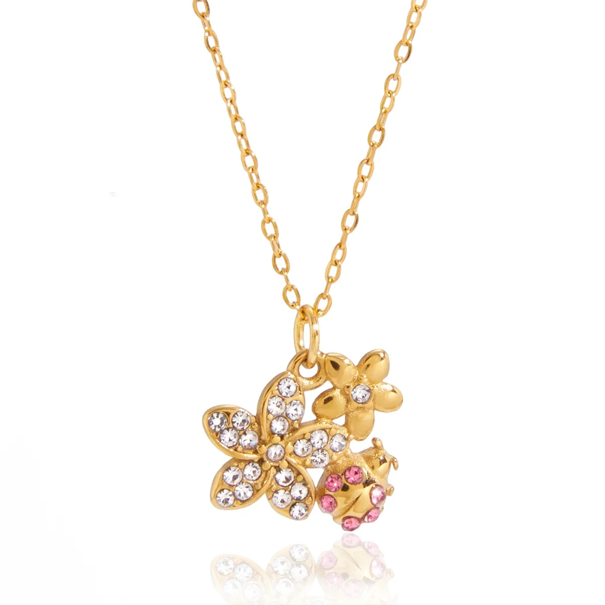 

Crystal Flower Ladybird Pendant Necklace For Women 18K Gold Plated Stainless Steel Necklace Fashion Jewelry Girls Gift